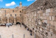 View of the Western Wall in Jerusalem with visitors