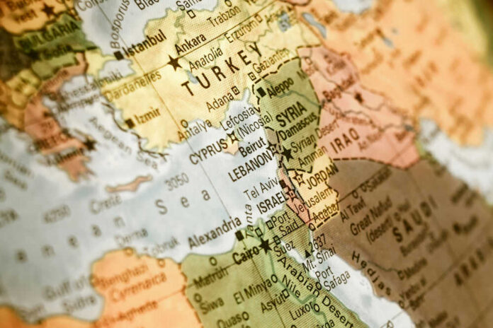 62944415 Map showing Turkey, Cyprus, Syria, Iraq, and surrounding areas.