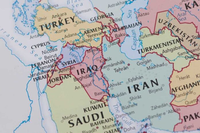 Political map of the Middle East showing various countries and borders