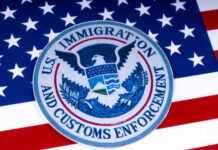 Seal of U.S. Immigration and Customs Enforcement on an American flag background