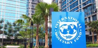 Sign of the International Monetary Fund in front of a modern building with palm trees