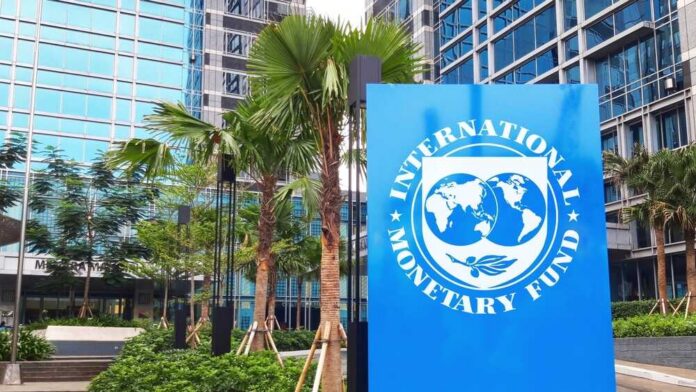 Sign of the International Monetary Fund in front of a modern building with palm trees