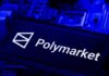 Polymarket logo displayed on a blue circuit board background
