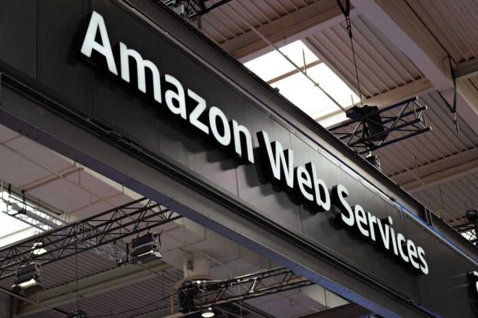 Sign displaying Amazon Web Services at a trade show