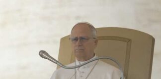 Pope seated on a throne with a microphone in front