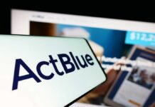 ActBlue Pipeline: Where Did BLM Cash Go? Close-up of a mobile device displaying the ActBlue logo with a blurred background of a fundraising website