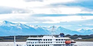 A cruise ship sailing in front of snow-capped mountains