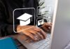 Person typing on a laptop with educational icons overlay