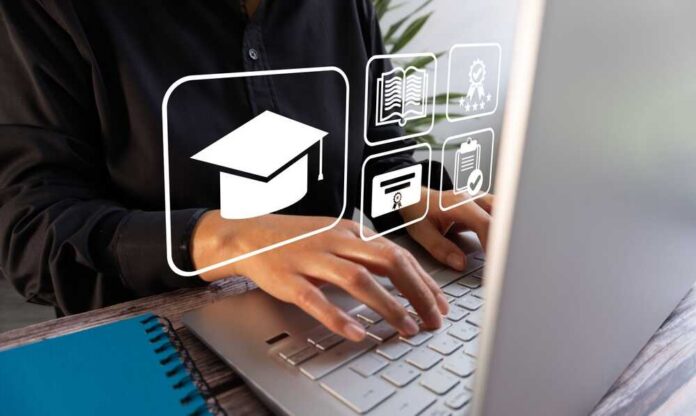 Person typing on a laptop with educational icons overlay