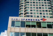Bank of America building facade against blue sky