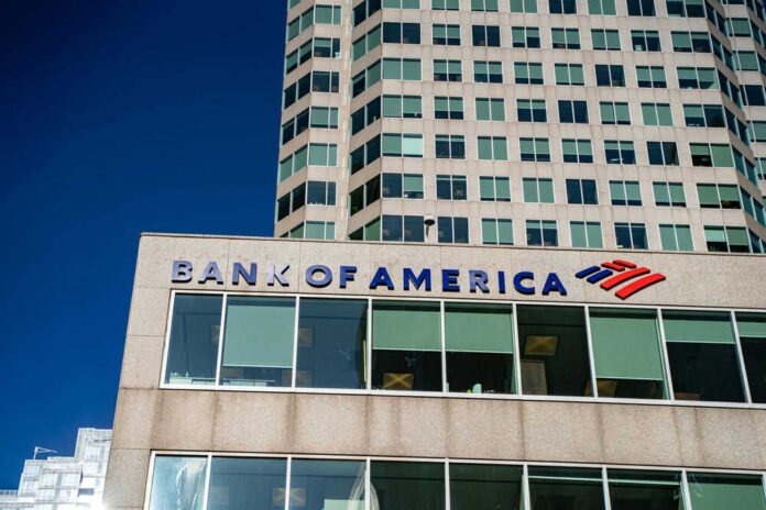 Bank of America building facade against blue sky