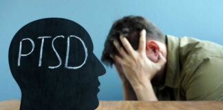 Silhouette with PTSD text, distressed man in background.