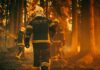 Firefighters walking through a smoky forest during a wildfire