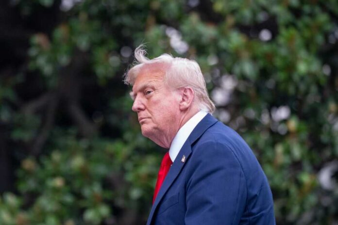 Washington,Dc,Usa,-,July,13,,2025,-,President,Donald Profile view of a man in formal attire with a light-colored suit and red tie against a green background