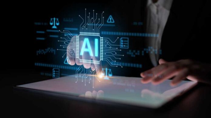 A hand interacting with a digital tablet displaying AI graphics