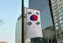 South Korean flag hanging among tall buildings