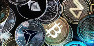 Various cryptocurrency coins with different symbols displayed