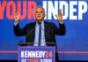 Man speaking at podium with Kennedy24 campaign sign.