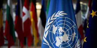 United Nations flag among international flags