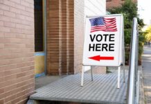 Red States Push — SCOTUS Clock Ticks Sidewalk sign with American flag directing to a polling place