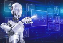 DOJ Task Force Targets Woke AI Mandates A humanoid robot interacting with a digital interface displaying data