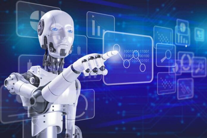 Robotic,Process,Automation.futuristic,Robot.,Humanoid,Robot.,Concept,Of,Artificial,Intelligence, A humanoid robot interacting with a digital interface displaying data