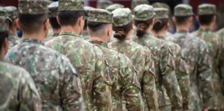 Soldiers in camouflage uniforms standing in formation from behind