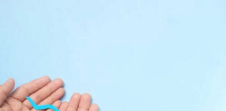 Hands holding a blue sperm shape model
