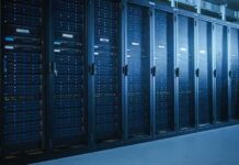 Row of server racks in a data center