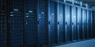 Row of server racks in a data center