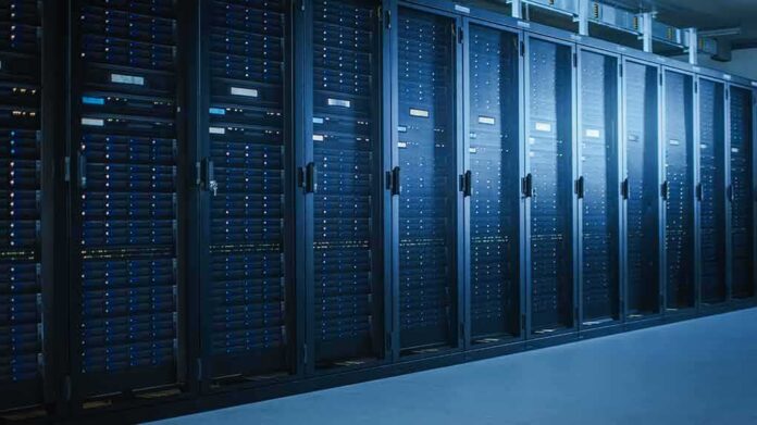 Row of server racks in a data center