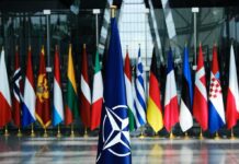 NATO flag with member country flags in the background