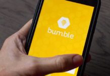 Women-First No More: Chaos or Relief? smartphone displaying the Bumble app splash screen