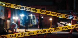 Police tape cordons off a dimly lit crime scene