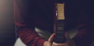 Person holding a closed Bible while seated