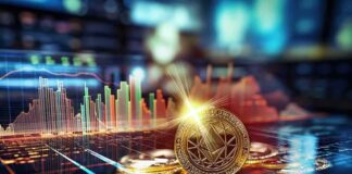 Ethereum coin on a reflective surface with trading chart in background