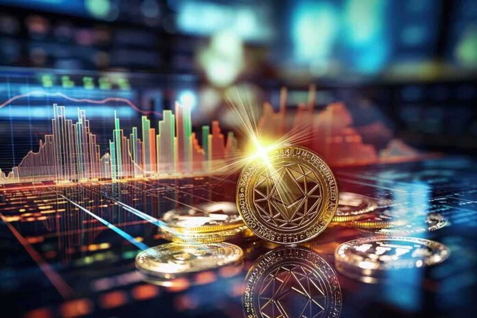 Ethereum coin on a reflective surface with trading chart in background