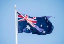 Australian flag waving on a flagpole