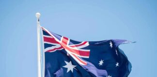 Australian flag waving on a flagpole
