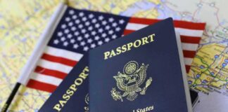 U.S. passports on a map with an American flag