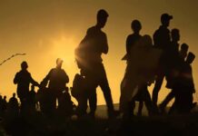 Silhouettes of people walking at sunset
