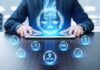 DOJ Sting Exposes Hidden Russian Control Businessperson using tablet with digital justice icons