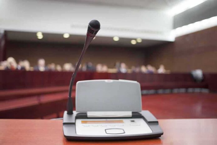 Microphone on a podium in a courtroom