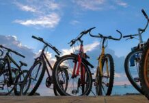 Bicycles lined up by the seaside at sunset