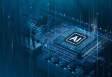 AI chip on a circuit board glowing in blue