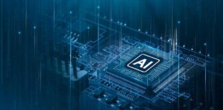 AI chip on a circuit board glowing in blue