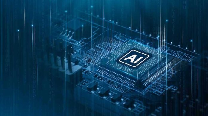 AI chip on a circuit board glowing in blue