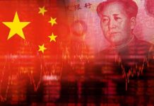 Chinese flag overlaid with yuan banknote and stock market graph