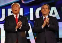 Trump’s Last-Minute Endorsement Flips Texas Race two men in suits clapping on a brightly lit stage