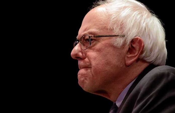 shutterstock_388723837 Bernie Sanders in profile wearing glasses against a black background